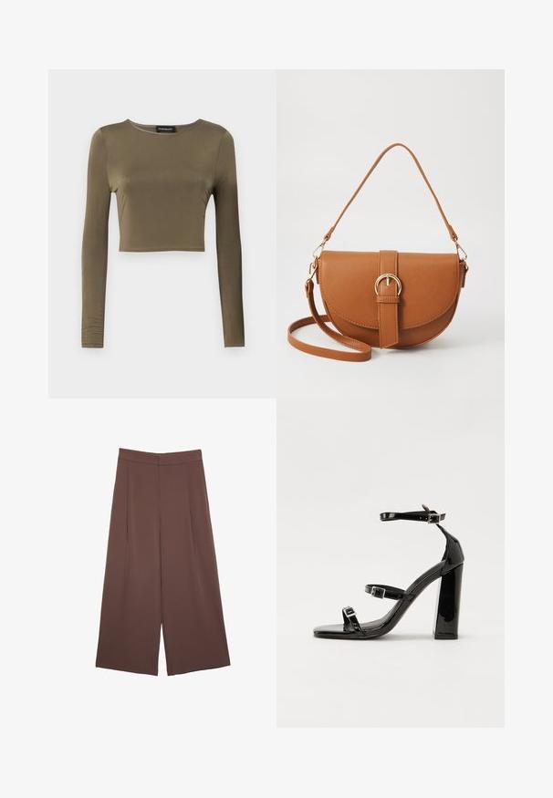 Oliven grøn, langærmet cropped top i et glat, strækbart stof; har en rund halsudskæring og en skræddersyet pasform med færdige kanter.; Brune bredbunde bukser med en glat tekstur, der har høj talje og plisseringer foran. Stoffet er let og falder løst.; Sorte laklædersandaler med høje hæle, to spænderemme, firkantet tå og en kraftig blokhæl, der har en glat, blank overflade.; Brun læder crossbody taske med en buet form, guldfarvet hardware og en spændeaccent. Har en aftagelig skulderrem.