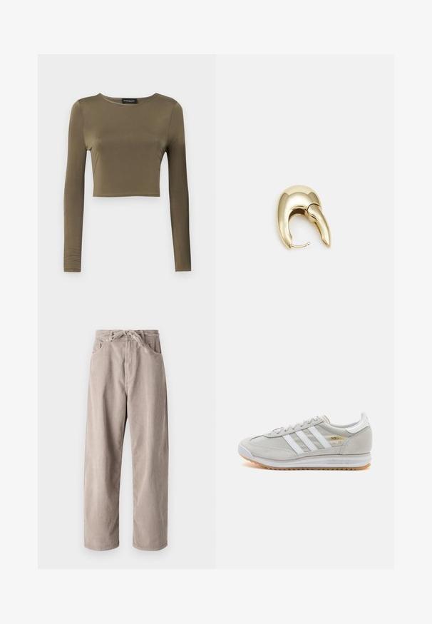 Alyvuogių žalia, ilgomis rankovėmis trumpas viršus, pagamintas iš lygaus, elastingo audinio; turi apvalų iškirpimą ir pritaikytą siluetą su apdirbtais kraštais.; Šviesiai rudi kordūriniai kelniai, laisvo kirpimo, su raišteliu reguliuojamu juosmeniu, dviem priekinių kišenėlių ir vertikalia juostele.; Šviesiai pilki sportbačiai, pagaminti iš zomšos ir tinklinės medžiagos, su trimis baltais dryžiais, apvaliu pirštu ir guma padu. Auksinė logotipo detalė šalia raištelių.; Aukso tono metalinės auskarai su stilingu, kreiviu dizainu. Išsiskiria ryškiu smailiu pavidalu, poliruota paviršiumi ir užsegimu su vyriu.