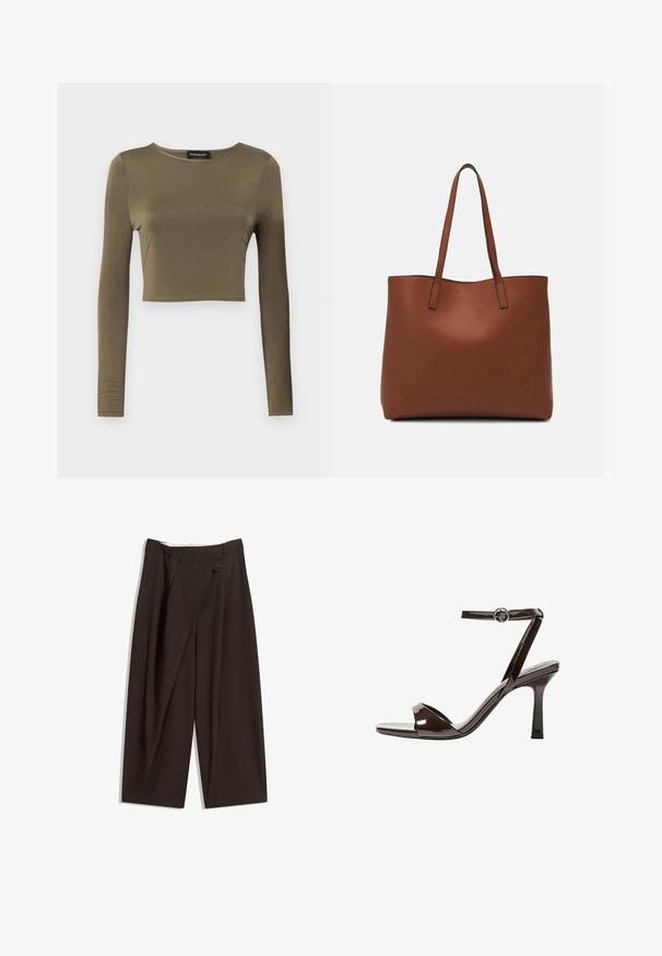 Oliven grøn, langærmet cropped top i et glat, strækbart stof; har en rund halsudskæring og en skræddersyet pasform med færdige kanter.; Mørkebrune brede bukser med høj talje, udstyret med en enkelt knaplukning og en plisseret front. Lavet af letvægtsstof.; Brune patentlæder højhælede sandal med ankelrem, åben tå og et elegant, minimalistisk design. Udstyret med en firkantet hæl.; Brun læder tote taske med en glat overflade, åben topdesign og to skulderremme. Har minimal syning og ingen synlig hardware.