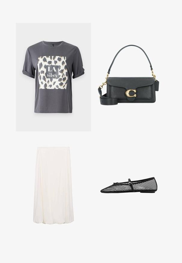 Šedé tričko s leopardím potiskem ve zlaté a černé barvě a textem "LA vibes" ve středovém čtverci na přední straně. Krátké rukávy.; Bílá sukně ke kolenům s volným designem a měkkou texturou. Jednoduchý styl bez viditelných vzorů nebo kovových detailů.; Černé síťované baletky s špičatou špičkou, dekorativním páskem a jemným akcentem. Mají otevřenou síťovou konstrukci a plochou podrážku.; Černá kožená kabelka se zlatým kováním, s podpisovým zapínáním, odnímatelným ramenním popruhem a texturovaným povrchem.