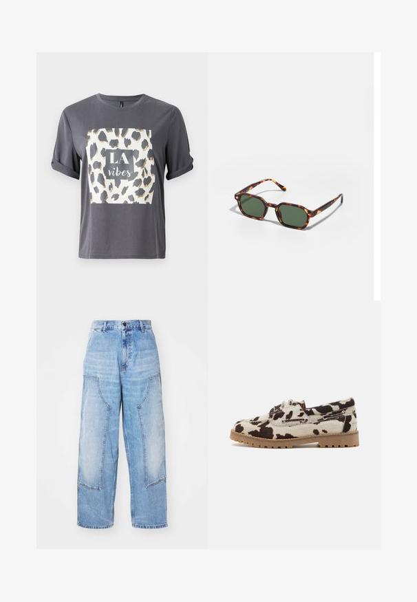 Grå t-shirt med et leopardprint-design i guld og sort med teksten "LA vibes" i en central firkant på forsiden. Korte ærmer.; Lysblå denim bredbenede bukser med to store forlommer, en knaplukning og subtil falming. Syninger på lommedetaljerne.; Sko i cowhide-mønster med en cremet bund og mørkebrune pletter, fremstillet med en gummisål og snørelukning.; Skildpaddefarvede solbriller med grønne linser, der har en oktagonal form og slanke, buede arme. Materialet har en blank finish.; Crossbody taske med et kremfarvet stof, der har et gentaget MK-logo mønster, brune læderdetaljer og en guld kædestropp med en aftagelig brun rem.