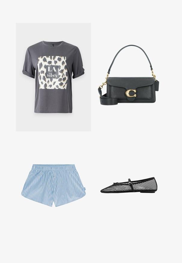 Gray t-shirt featuring a leopard print design in gold and black with the text "LA vibes" in a central square on the front. Short sleeves.; Blue and white striped shorts with an elastic waistband, two buttons on the front, and a relaxed fit. Fabric appears smooth with a lightweight texture.; Black mesh ballet flat with pointed toe, decorative strap, and subtle accent. Features an open-net design and flat sole.; Black leather handbag with a gold hardware accent, featuring a signature clasp, a detachable shoulder strap, and textured surface.