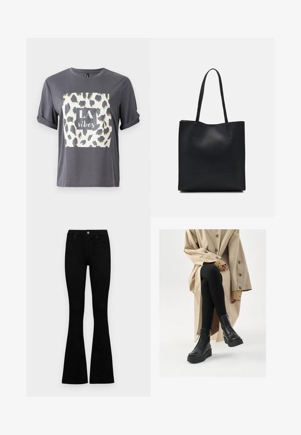 Harmaa t-paita, jossa on kullan- ja mustakuvioinen leopardiprintti ja etupuolella keskellä oleva teksti "LA vibes" neliössä. Lyhyet hihat.; Mustat korkeavyötäröiset farkut nappi- ja vetskariyläosalla, etutaskuilla ja levenevillä lahkeilla, asetettuna tasaisesti valkoista taustaa vasten.; Mustat nahkasaappaat nilkkapituisilla nauhavälikkeillä, kohotetulla pohjalla ja teksturoiduilla mustilla legginsseillä, yhdistettynä vaaleanbeigeen trench-takkiin.; Mustapahkainen kangaskassi, jossa on sileä pinta, suorakaiteen muotoinen ja kaksi pitkää kahvaa. Ei näkyvää metalliosaa tai koristeita.