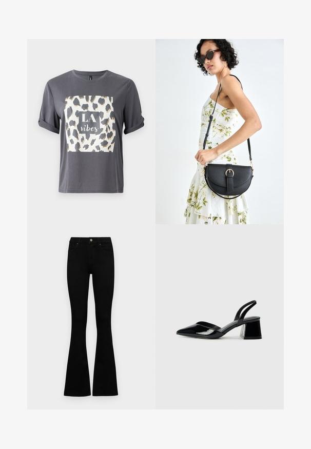 Graues T-Shirt mit einem Leopardenmuster-Design in Gold und Schwarz, mit dem Text "LA Vibes" in einem zentralen Quadrat auf der Vorderseite. Kurzärmlig.; Schwarze hochtaillierte Jeans mit einem Knopf- und Reißverschluss, Fronttaschen und ausgestellten Beinen, flach auf einem weißen Hintergrund ausgelegt.; Schwarze Lackleder-Slingback-High Heels mit spitzem Schuh und einem geometrischen Blockabsatz. Verfügt über ein schlankes, minimalistisches Design und eine glatte Textur.; Schwarze Lederhandtasche mit geschwungener Form, abnehmbarem Tragegurt und goldenen Beschlägen. Die Tasche verfügt über einen Deckel mit einer Schnallen-Details.