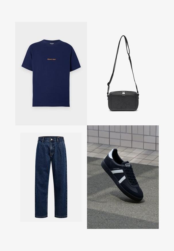 Navy blue cotton t-shirt with short sleeves, round neckline, and orange embroidered text "Originals Studio" on the front center.; Dark blue denim jeans with a straight-leg design. Features visible stitching, a button closure, and front pleats for added detail.; Black leather sneaker with white stripes, textured rubber sole, and lace-up front. Features a branded label on the tongue.; Black leather crossbody bag with a zip closure, embossed logo on the front, and adjustable strap. Smooth texture with a rectangular shape.