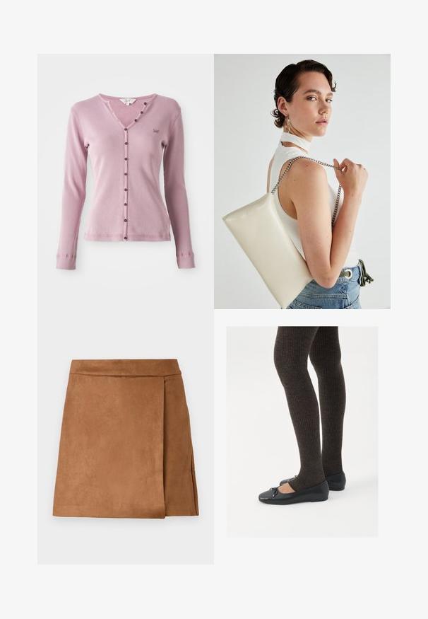 Vaaleanpunainen ribattu pitkähihainen villatakki, jossa on V-pääntie, ruskeat napit edessä ja pieni logo vasemmassa rinnassa.; Ruskea mokkainenvyötiheysmini-hame, jossa on kietoutuva muotoilu. Hameessa on sileä pinta ja siisti viimistely helmassa. Ei näkyviä kiinnityksiä tai koristeita.; Mustat matalat kengät, joissa on pieni nauha varpaissa, yhdistettynä tummanruskeisiin ribattuisiin sukkahousuihin. Kengissä on sileä pinta ja matala profiili.; Valkoinen suorakulmainen clutch-laukku, joka on valmistettu kiiltävästä materiaalista ja jossa on hopeinen ketjuolkahihna. Malli poseeraa laukku käsivarsillaan yksinkertaista taustaa vasten.