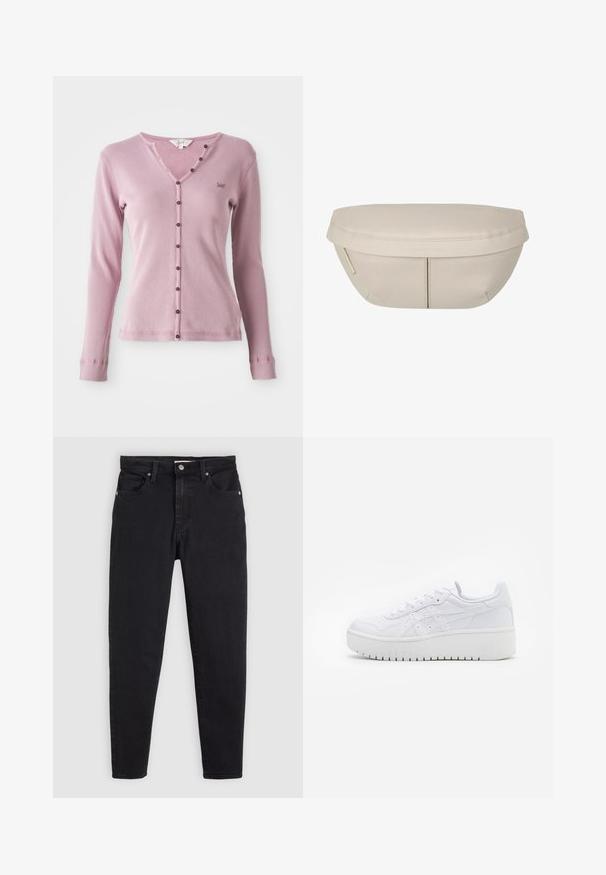 Rosa ribbat långärmad cardigan med V-ringning, med bruna knappar framtill och en liten logotyp på vänster bröst.; Svarta denimjeans med en smal passform, fem fickor och silverfärgad hårdvara. Har en knappstängning och en slät yta.; Vita plattformssneakers i slät läderstruktur, med perforerad detaljering och platta snörningar; har en tjock vit gummisula.; Beige tygpås med rundad form, med en platt topp och subtila sömdetaljer. Inkluderar en minimalistisk logotyp och en sidoremsa.