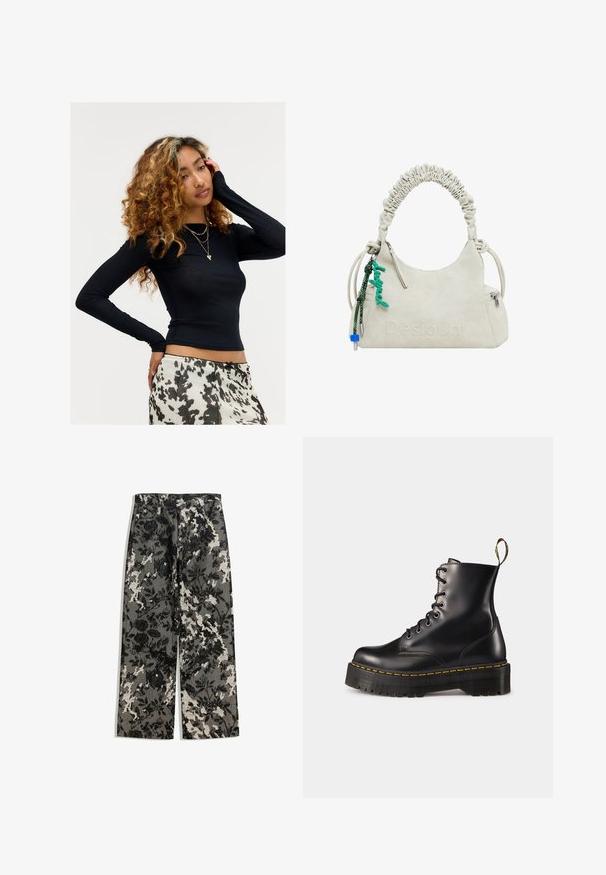 Mlada ženska z kodrasto frizuro, oblečena v črno dolg rokav majico, večplastne zlato verige in belo-črno vzorčasto krilo, pozira z eno roko na obrazu.; Srednje visoke hlače širokih nogavic z teksturiranim črno-belem cvetličnem vzoru na sivi podlagi, ki imajo klasičen pas in sprednje žepe.; Črne usnjen lace-up gležnjarje z debelim črnim podplatom in rumenim šivanjem. Imajo zanko na hrbtni strani in okrogle kovinske učke.; Bež umetna usnjena torbica z nagubanim ročajem, zadrgo in zelenim čarom. Gladka tekstura, diskretno embosirano logotip ter eleganten dizajn.