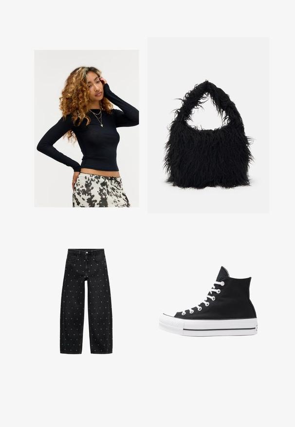 Nuori nainen, jolla on kiharat hiukset, pukeutuneena mustaan pitkähihaiseen paitaan, kerroksellisiin kultaketjuihin ja valko-mustakuvioiseen hameeseen, poseeraa toinen käsi kasvoillaan.; Mustat farkut, joissa on leveät lahkeet ja pieniä hopeisia niittejä, klassinen viisi-taskuinen muotoilu ja nappisuljenta edessä.; Korkean ylösulkeutuvan mustan kankaan lenkkitossun, jossa on valkoiset rei'itykset, nauhat ja kumipohja. Sisältää teksturoituneen kärkitilan ja musta-valkoiset raidat.; Even&Odd Shopping bag - black