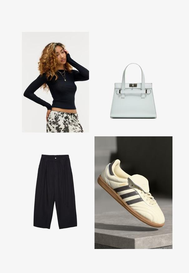 Mlada ženska z kodrasto frizuro, oblečena v črno dolg rokav majico, večplastne zlato verige in belo-črno vzorčasto krilo, pozira z eno roko na obrazu.; Črne poliesterske culotte hlače z elastičnim pasom, dvema sprednjima nabiranjema in ohlapnim krojem. Brez vidnih vzorcev ali kovinskih detajlov.; Kremne usnjene superge s tremi temnimi črtami, rjavim gumjastim podplatom in zaobljenim nosom. Imajo zložljiv jezik z oznako "SAMBA."; Svetlo modra torbica z oblikovano zasnovo, dvema ročkama in kljuko iz srebrno-toniranega materiala. Teksturni material in ostri koti.