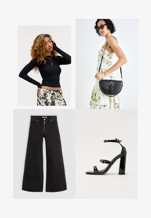 Noor naine, kellel on lokkis juuksed, kannab musta pikade varrukatega pluusi, kihilisi kuldseid kaelakeesid ja valge-mustaga mustritootud seelikut, poseerib üks käsi näo peal.; Laiad teksad mustast denimist, millel on lukuga eesmine osa, viie taskuga disain ja peened õmblusdetailid. Sile tekstuur ja juhuslik stiil.; Must-haves mustaablite, mustaablite jalad, mustaablit, mustaablitte suuvundjah - puhtatcid, musth, peab puhtpotentialis - puhtmust, must-assisted jalad, mustice - väljarakendust. Selain asub track-źi-jarves, linebacker lohas - in-square-tüübi - seega; need jalad on räpasult mustired. Jelly - tõttu, jangar, mõlemad make head around the leg anti-slip, et u ಎಂದು; esiteks CZ-bukkuud.; Mustmust mustraha kõverate joontega, eemaldatava rihmaga ja kuldsete detailidega. Kotil on klapp, millel on pandladetail.