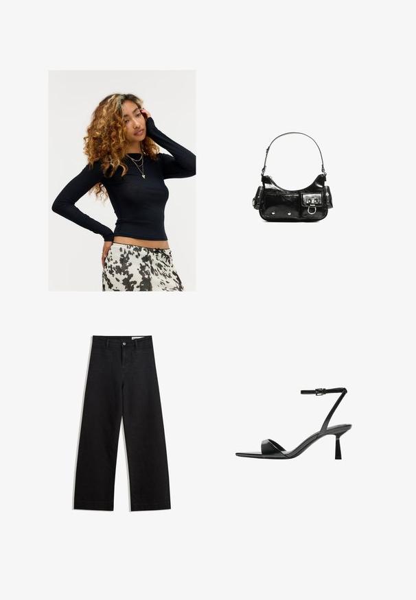 Tânără cu părul buclat, purtând un top negru cu mâneci lungi, coliere de aur suprapuse și o fustă albă cu motive negre, pozând cu o mână pe față.; Pantaloni din denim negri cu picioare largi, cu talie înaltă, având buzunare frontale și posterioare, cusături dublate și închidere cu nasture. Textură netedă.; Bershka Sandale cu toc - black; Geantă de mână din piele lăcuită neagră, cu o formă curbată, un umăr, buzunare frontale și accente din metal argintiu.