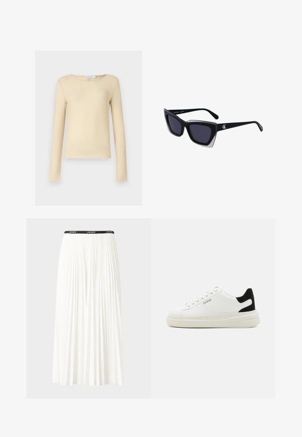 Hosszú ujjú felső puha, sima bézs anyagból. Kerek nyakkivágással és testhezálló fazonnal rendelkezik. Minimalista, jellegzetes minták vagy díszítések nélkül.; Plisszírozott fehér szoknya fekete elasztikus derékkal, amelyen a "LACOSTE" logó található. Középhosszú kialakítás, puha tapintással.; Fehér bőr sportcipők vastag fehér talppal, fekete velúr sarokpikkelyel és dombornyomott logóval az oldalon. Fűzős kialakítás, hat fűzőlyukkal.; Fekete, nagyméretű napszemüveg geometrikus formával, sötét lencsékkel és kontrasztos szürke részlettel a kereten. Logó a szárán.