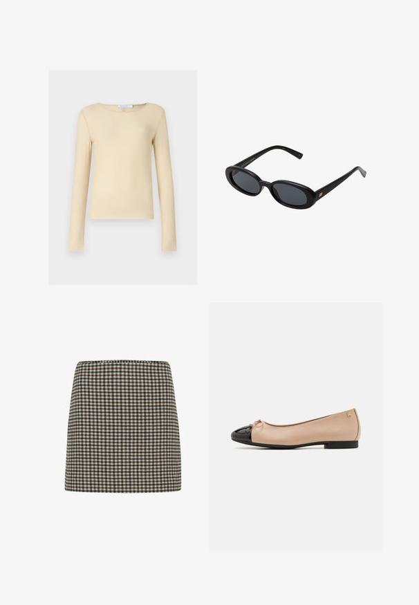 Langärmliges Oberteil aus weichem, glattem beigen Stoff. Mit einem runden Ausschnitt und einer taillierten Passform. Minimalistisch ohne auffällige Muster oder Akzente.; Karierte Minirock in Schwarz, Braun und Creme. Strukturiert mit hoher Taille. Weiche Stofftextur mit einem einheitlichen Rautenmuster.; Balletschuhe mit einem beigefarbenen Satin-Obermaterial, einer schwarzen Lackleder-Zehenkappe, einer kleinen Schleifenverzierung an der Vorderseite und einem niedrigen schwarzen Absatz.; Schwarze, oversized Sonnenbrillen mit ovalen Gläsern, glattem Kunststoffrahmen und goldenen Akzenten an den Bügeln. Die dunklen Gläser bieten Sonnenschutz.; Braune Leder-Umhängetasche mit doppelten Griffen, verfügt über eine kontrastierende Naht und ein geräumiges Design, das sich für den täglichen Gebrauch eignet.