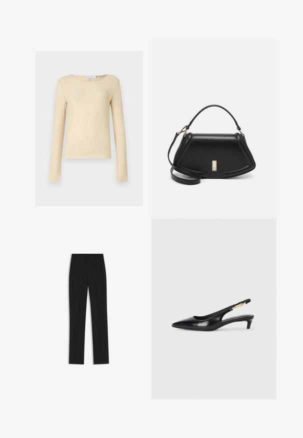 Long-sleeve top in soft, smooth beige fabric. Features a round neckline and a fitted design. Minimalistic with no notable patterns or accents.; Black tailored trousers with a straight-leg design, featuring front pockets and a smooth, textured fabric. Neat, minimal detailing.; Black leather slingback heels with a pointed toe, featuring a slim heel and a gold-tone accent on the adjustable strap. Smooth texture.; Black leather handbag with a structured design, featuring a cropped shape, top handle, and gold hardware accent. Adjustable shoulder strap included.