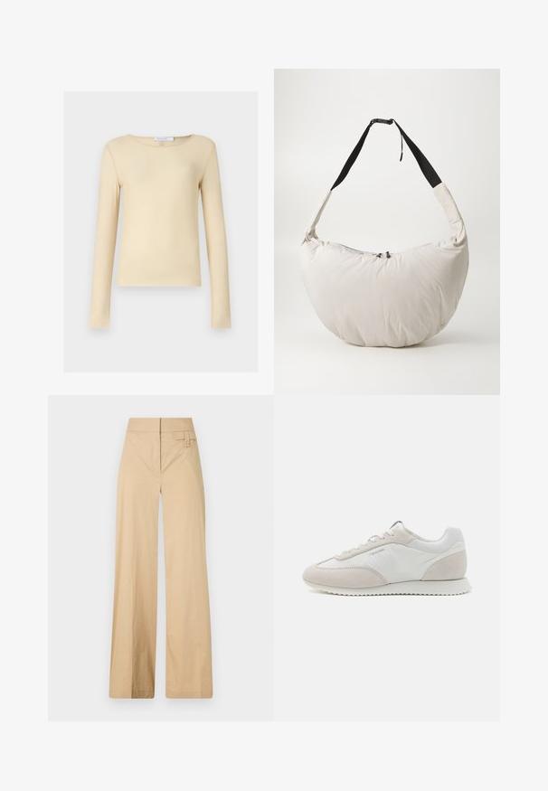 Langärmliges Oberteil aus weichem, glattem beigen Stoff. Mit einem runden Ausschnitt und einer taillierten Passform. Minimalistisch ohne auffällige Muster oder Akzente.; Beige weite Hosen aus Baumwollmischgewebe. Sie haben eine glatte Textur, einen elastischen Bund und eine seitliche Knopfdetail.; Helle Sneaker aus einer Kombination von weißem Leder und beigem Wildleder, mit einer strukturierten Sohle und minimaler Markenkennzeichnung an der Seite.; Hellbeige gepolsterte Schultertasche mit einer geschwungenen, halbmondförmigen Form. Schwarzer Riemen, Reißverschlussverschluss und dezentes Logo auf der Vorderseite. Weiche Textur.