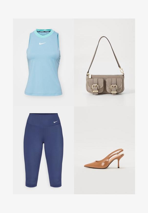 Nike Performance ADVANTAGE TANK - Top - denim turquoise/green frost/white; Navy blue capri leggings made of stretch fabric, featuring a wide waistband and a small white logo on the left side. No visible seams.; Pointed toe slingback heel in a smooth, glossy tan material. Features a curved cutout design and a slender stiletto heel. Silver buckle detail.; Beige textured handbag with adjustable strap, two front pockets secured by buckles, and gold hardware accents. Zipper closure at the top.