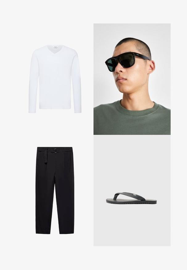 White long-sleeve V-neck t-shirt in a soft cotton blend. Features a smooth texture and straight hem with minimal detailing.; Black trousers with a straight fit, belt loops, and a detachable belt. Smooth fabric with side pockets and no visible patterns or hardware.; Black flip-flop with textured straps, flat sole, and serrated edge. Made of rubber with a smooth finish and minimalist design.; Black rectangular sunglasses with dark lenses, featuring a distinctive shape and branding on the temple. Worn by a person in a green shirt.