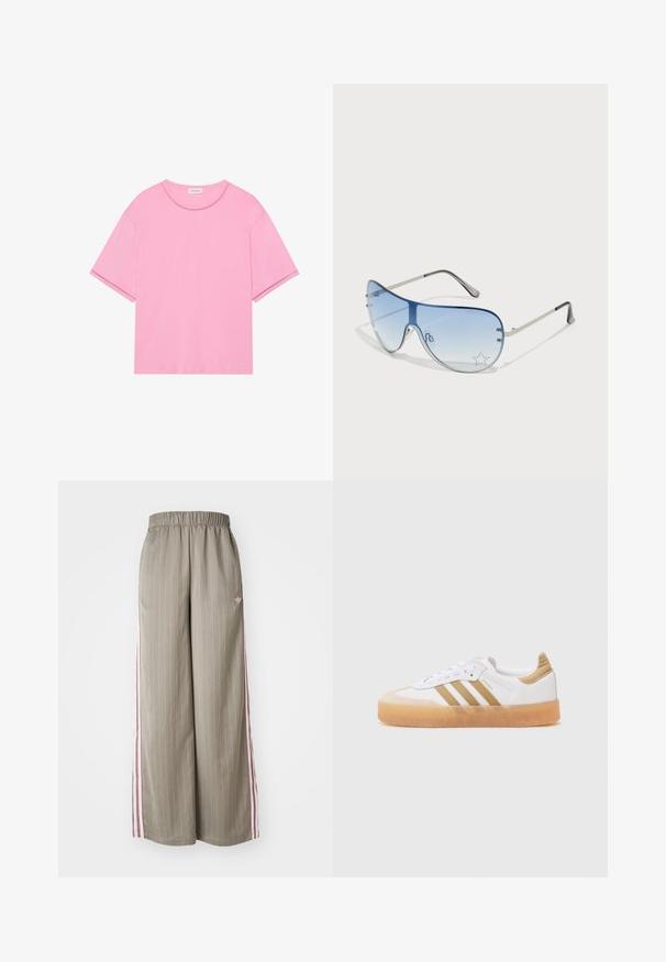 Ružové tričko z jemnej bavlny s okrúhlym výstrihom a krátkymi rukávmi. Obsahuje jemné detaily vyšívania pri výstrihu a na leme.; Svetlo olivové nohavice s širokými nohavicami a vertikálnym pruhovaním, elastickým pásom a ružovými bočnými pruhmi. Obsahuje malé logo na boku.; Biele tenisky s béžovými akcentmi, obsahujúce tri pruhy, zaoblenú špičku a priesvitnú gumenú podrážku. Hladká koža a textilné materiály.; Pilotné slnečné okuliare s prechodovým modrým sklom, strieborným kovovým rámom a ozdobnými hviezdičkovými akcentmi na sklách. Hladký a elegantný dizajn.