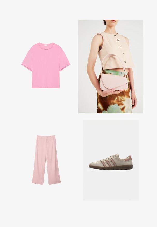 Rosa T-Shirt aus weichem Baumwollmaterial mit rundem Halsausschnitt und kurzen Ärmeln. Verfügt über subtile Nahtdetails am Halsausschnitt und Saum.; Helle rosa, weit geschnittene Hosen aus glattem Stoff. Mit einem strukturierten Bund und geraden, fließenden Beinen, ohne sichtbare Muster oder Beschläge.; Beige Wildledersneaker mit pinken Akzenten, ausgestattet mit drei überlappenden Streifen, einer strukturierten Zehenkappe und einer Gummisohle mit Rillen.; Rosa Lederhandtasche mit gewölbtem Deckel, einem Schulterriemen und klaren Linien. Die Tasche zeigt eine glatte Textur und ein minimalistisches Design.