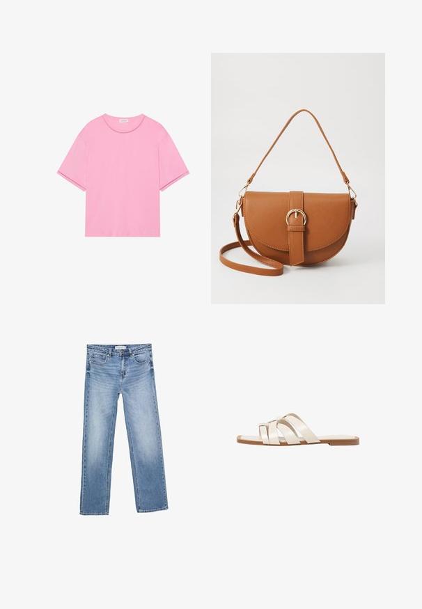 Rosa T-Shirt aus weichem Baumwollmaterial mit rundem Halsausschnitt und kurzen Ärmeln. Verfügt über subtile Nahtdetails am Halsausschnitt und Saum.; Gerade geschnittene blaue Denim-Jeans mit einer verblassten Waschung, fünf Taschen und einer klassischen Knopfleiste. Aus Baumwollmaterial mit auffälligen Nähten.; Flache Sandalen mit einer honigfarbenen Gummisohle, gestaltet mit drei überlappenden weißen Lederriemen und einem kleinen Schleifendetail in der Mitte.; Braune Leder-Crossbody-Tasche mit geschwungener Form, goldfarbenen Beschlägen und einer Schnallenakzentuierung. Verfügt über einen abnehmbaren Schultergurt.