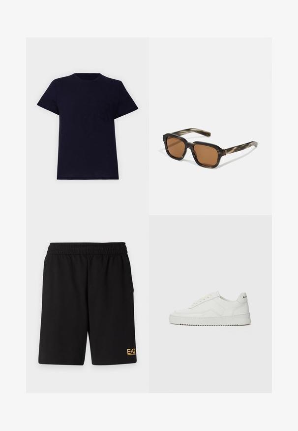 Tumši zila kokvilnas T-kreklu ar apaļu apkakli, īsām piedurknēm un mazu krūšu kabatu. Ievērojama ar mīkstu tekstūru un brīvu piegriezumu.; Melnas sporta šortus, kas izgatavoti no mīksta auduma, ar elastīgu jostu un mazu dzeltenu EA7 logo zem kreisā kājas stūra.; Baltas ādas sneakers ar gludu virsmu, apaļu pirkstu daļu, plakaniem šņorēm un teksturētu zoli. Satur diskrētu logotipu uz papēža.; Plastmasas saulesbrilles ar bruņurupuču rakstu, oktagona formas brūnas lēcas un plānas zelta detaļas rāmī.