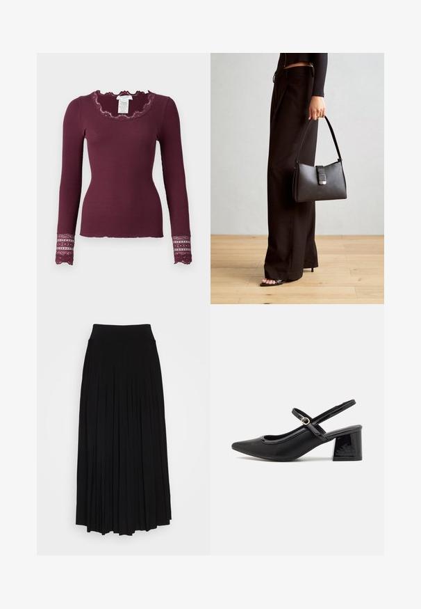 Rosemunde Pikkade varrukatega topp - winetasting; Must mustriga seelik kõrge ja veniva vöökohaga. Valmistatud pehmest kangast, millel on vertikaalsed volangid voolava silueti saavutamiseks.; Mustad läikivad nahast slingback-kõrged kontsad, millel on terav nina, ümar lõikekujundus ja blokknina. Omab kuldset nupu aktsenti.; Must musta kott, millel on struktureeritud kuju, sile tekstuur ja metallist klamber. Kombineeritud laiate mustade pükstega ja avatud varvaste sandaalidega puidust põrandal.