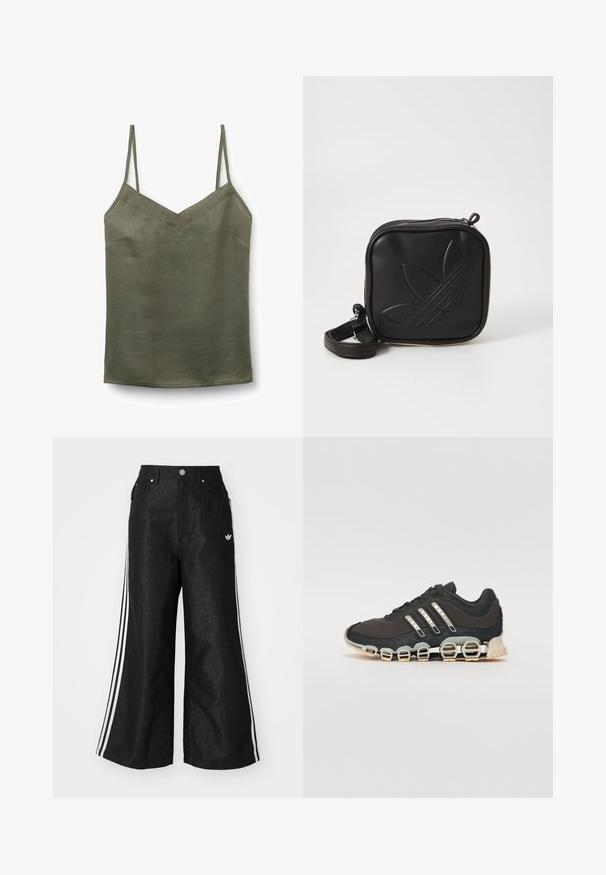 Top sin mangas ligero color verde oliva, con escote en V y tirantes delgados ajustables. Textura suave con un ligero brillo y detalles de costura mínimos.; Pantalones de denim anchos y negros con tres franjas blancas en cada lado y un pequeño logo blanco. Cuenta con bolsillos frontales y un cierre de botón.; Zapatilla deportiva negra con parte superior texturizada, tres rayas plateadas y una suela de amortiguación distintiva que presenta múltiples secciones integradas.; Bolso cruzado negro hecho de material sintético texturizado. Presenta un diseño de logo en relieve y correa ajustable. Cierre con cremallera.