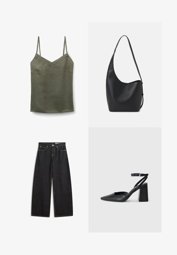 Olijfgroen, lichtgewicht tanktop met een V-hals en dunne verstelbare schouderbanden. Glad textuur met een subtiele glans en minimale stikdetails.; Zwarte wijde spijkerbroek met een hoge taille, vijf zakken, contrasterende stiksels en een knoopsluiting. Gladde textuur met een klassieke snit.; Zwarte leren puntige pump met een enkelbandje en een chunky hak. Vlakke textuur, strakke vormgeving en minimalistische esthetiek.; Zwarte leren hobo tas met een gladde textuur, kromme vorm en een enkele verstelbare schouderband; heeft een brede opening aan de bovenkant.