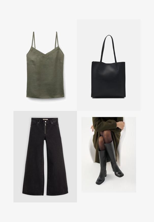 Olijfgroen, lichtgewicht tanktop met een V-hals en dunne verstelbare schouderbanden. Glad textuur met een subtiele glans en minimale stikdetails.; Wijdvallende jeans van zwarte denim met een ritssluiting aan de voorkant, vijf zakken en subtiele stikdetails. Soepele textuur en casual stijl.; Knieschijf hoge zwarte leren laarzen met een vierkante neus en blokhak, getoond met een model dat zit in een olijfgroene jas. Gladde textuur, minimale details.; Zwarte leren handtas met een gladde textuur, rechthoekige vorm en twee lange handvaten. Geen zichtbare hardware of versieringen.