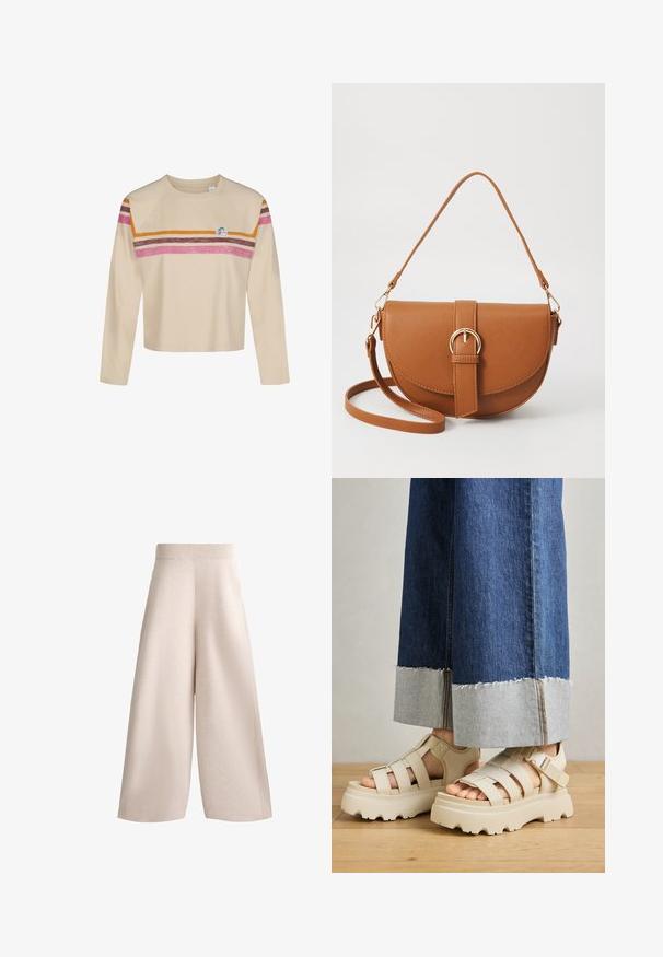 Beige langekorte mouw crop top met ronde hals, voorzien van horizontale roze, bruine en oranje strepen over de borst en bovenarmen, en een klein rond logo.; Beige wijde broek met een geribbelde elastische tailleband, zachte textuur en plooien. De losse pasvorm reikt tot halverwege het kuit.; Beige platform sandalen met dikke zolen hebben een gestructureerd ontwerp en verstelbare enkelriemen. Gecombineerd met brede denim broeken, waarvan één zoom is geverfd.; Bruine leren schoudertas met een gebogen vorm, gouden hardware en een gespaccent. Bevat een afneembare schouderriem.
