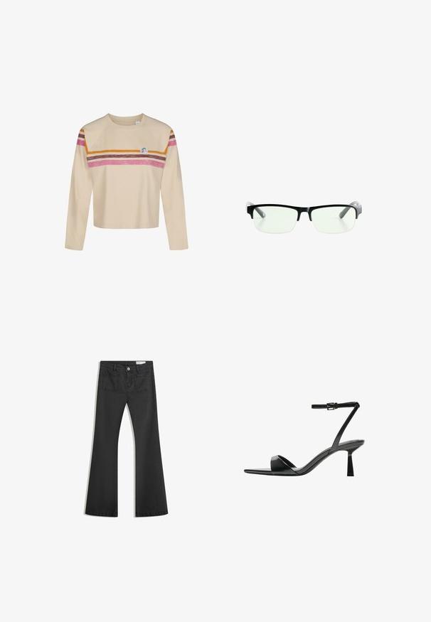 Béžový krátky rukáv s dlhými rukávmi a okrúhlym výstrihom, s vodorovnými ružovými, hnedými a oranžovými pruhmi cez hruď a horné rukávy a malým okrúhlym logom.; Čierne rozšírené džínsy vyrobené z denimu s hladkou textúrou, obsahujúce dve zadné vrecká a zapínanie na gombík v páse.; Bershka Sandále na vysokom opätku - black; Čierne obdĺžnikové okuliare s priehľadnými sklami, majú elegantné čierne rámy a šedé priehľadné konce straníc. Minimalistický dizajn, bez viditeľného loga.