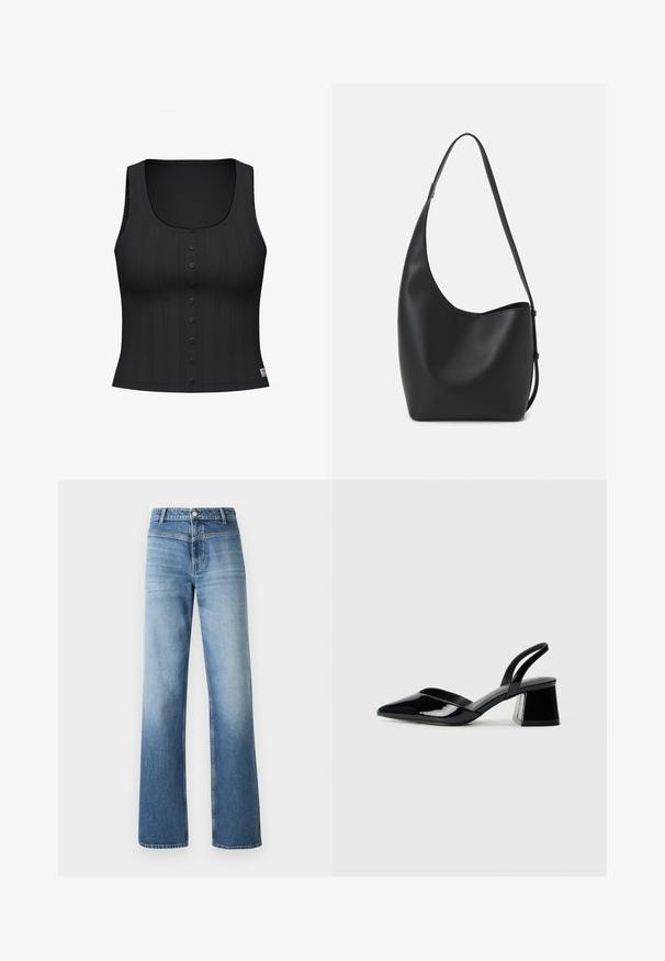 Top negru fără mâneci cu decolteu rotund, textură ribbed și o linie de șase nasturi pe față. Prezintă cusături decorative pe margini.; Jeans din denim de culoare bleu deschis, cu talie înaltă, design drept, spălare uzată și stil clasic cu cinci buzunare. Finalizate cu o închidere cu nasture.; Pantofi cu toc slingback din piele lacuită neagră, cu vârf ascuțit și toc geometric. Prezintă un design elegant, minimalist și o textură netedă.; Geantă hobo din piele neagră, cu o textură netedă, formă curbată și un singur bretele ajustabil; are o deschidere largă în partea de sus.