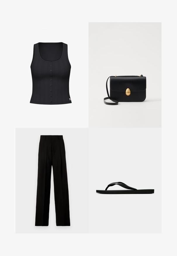Čierny top na ramienka s kruhovým výstrihom, rebrovanou textúrou a radom šiestich gombíkov na prednej strane. Obsahuje dekoratívne šitie pozdĺž okrajov.; Čierne nohavice s širokými nohavicami vyrobené z hladkej látky, s vysokým pásom, prednými záhybmi a čistým, elegantným dizajnom bez ozdôb.; Čierne gumené žabky s textúrovaným popruhom a jednoduchou plochou podrážkou, zobrazené z boku na jednofarebnom svetlom pozadí.; Čierna kožená kabelka so štruktúrovaným obdĺžnikovým tvarom. Obsahuje zlaté oválne zapínanie a tenký ramenný popruh. Hladká textura.