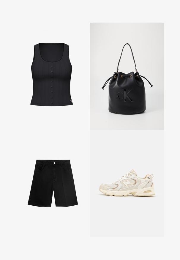 Črna majica brez rokavov z okroglim izrezom, rebrasto teksturo in vrstico s šestimi gumbi spredaj. Ima dekorativne šive ob robovih.; Črne jeans kratke hlače z ravnim krojem, petimi žepi in srebrnim gumbom za zapiranje. Gladka tekstura z minimalnimi detajli šivanja.; Bež športni čevlji z mrežasto in sintetično oblogo, ki imajo teksturirano površino, podložen ovratnik in 'ABZORB' blaženje v peti.; Črna usnjena torba v obliki zaboja z vrvico za zapiranje, ki ima na sprednji strani sijajni logo "CK" in zlate kovinske dodatke.