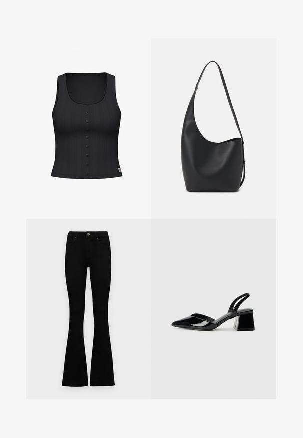 Svart t-skjorte med dyp utringning, ribbestruktur, og en rad med seks knapper foran. Har dekorativ søm langs kantene.; Sorte høytlivsjeans med knapp og glidelås, frontlommer og utsvingte bein liggende flatt på en hvit bakgrunn.; Svarte patentlær slingback hæler med spiss tå og geometrisk blokk hæl. Har et stilrent, minimalistisk design og jevn tekstur.; Svart lær hobo-veske med glatt tekstur, buet form og enkelt justerbart stropp; har en bred åpning på toppen.