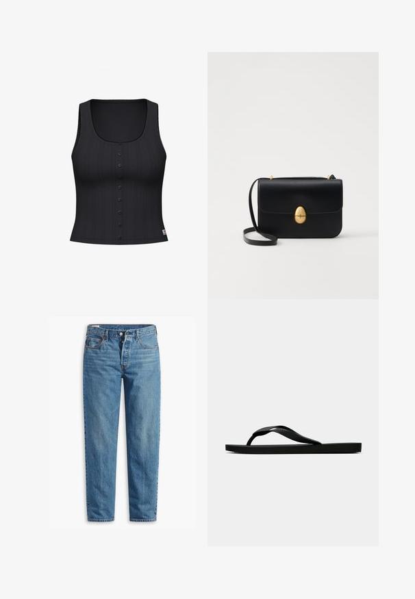 Mustat hihattomat paidat, joissa on pyöreä kaula-aukko, ribbikuvio ja kuusi nappia edessä. Kaaren reunoilla koristeellinen ommel.; Siniset farkut suoralla lahkeella, joissa on vetoketjukiinnitys, kaksi etutaskua ja hienovarainen haalistuminen kankaassa.; Musta kumisaapas sandaali, jossa on teksturoitu thong-hihna ja yksinkertainen litteä pohja, esitetty sivustolta vaalealla taustalla.; Musta nahkakäekott struktureeritud ristküliku kujuga. Varustatud kuldse ovaalse lukuga ja õhukese õlalindiga. Sile tekstuur.