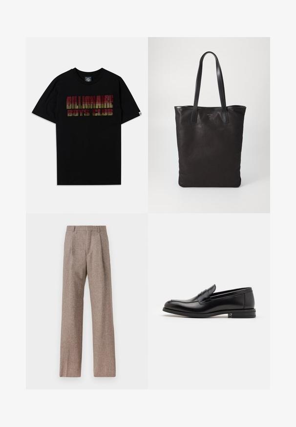 Must triibuline t-särk lühikeste varrukatega, millel on "BILLIONAIRE BOYS CLUB" tekst mitmevärvilises gradatsioonis koos tekstuuriga mustriga.; Prunnid, kõrge vöökohaga püksid, mis on valmistatud tekstureeritud kangast. Omavad laiu jalgu ja kahte eesmist voldikut struktuuri jaoks. Korralik viimistlus, ilma nähtava riistvarata.; Mustad mustad nahast loafers sileda tekstuuriga, ümarat ninaosa ja dekoratiivne riba vampi üle. Madal kihiline konts, minimalistlik disain.; Mustmust kott mustade nahkade käepidemetega. Lihtne disain, avar keha ja sile tekstuur. Pole nähtavaid logosid ega mustreid.