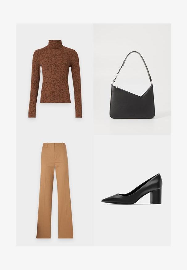Camisola de gola alta de manga longa castanha, com um padrão floral em preto. O material é canelado, proporcionando uma aparência texturizada.; HUGO HULANA - Chinos - open brown; Pumps pretas em couro com bico fino e salto quadrado robusto. Textura suave, design simples, adequado para ambientes formais.; Bolsa de couro preta com formato triangular, alça fina e detalhes em metal prateado. Apresenta um fecho com zíper e logótipo em relevo na parte frontal.
