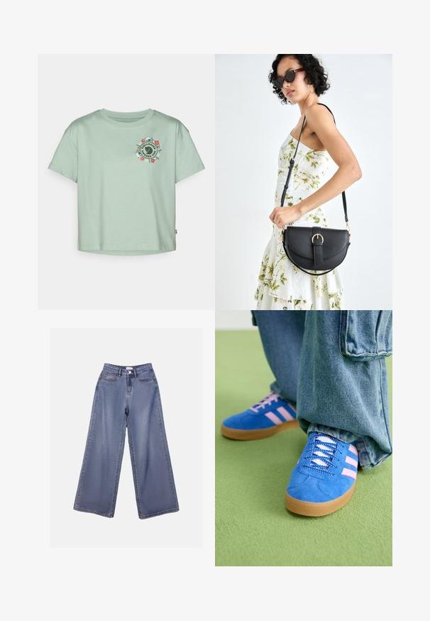 Jasnozielona koszulka z krótkim rękawem wykonana z bawełny, z okrągłym kwiatowym logo z przodu, na którym znajduje się napis "Fjällräven Sweden 1960."; Jasnoniebieskie dżinsy o szerokich nogawkach z wysokim stanem, z kieszeniami z przodu oraz zapięciem na guziki i pętelkami na pasek.; Niebieskie zamszowe buty z różowymi paskami i białymi sznurowadłami, z gumową podeszwą, zestawione z luźnymi dżinsami na zielonej powierzchni.; Czarna skórzana torebka o zakrzywionym kształcie, z odpinanym paskiem i złotymi akcentami. Torebka posiada klapę z zapięciem w kształcie klamry.