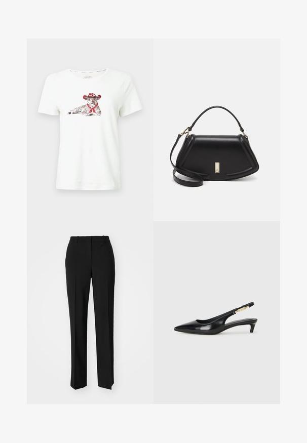 White cotton t-shirt featuring a printed leopard wearing a red cowboy hat and neckerchief. Short sleeves and a casual fit.; Black tailored trousers with a straight-leg design, featuring a smooth texture and crisp creases along the front. No visible hardware.; Black leather slingback heels with a pointed toe, featuring a slim heel and a gold-tone accent on the adjustable strap. Smooth texture.; Black leather handbag with a structured design, featuring a cropped shape, top handle, and gold hardware accent. Adjustable shoulder strap included.