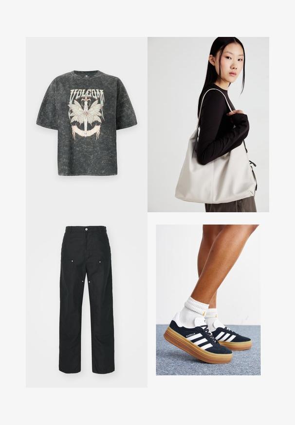 Volcom VOLTRIP TEE - T-Shirt print - vintage black; Schwarze Hose mit geradem Bein, aus einem strukturierten Stoff. Verfügt über dekorative silberne Hardware und einzigartige Nahtdetails.; Schwarze Wildledersneaker mit weißen Streifen und Akzenten, rundlicher Zehenbereich, Sohlen aus braunem Gummi, kombiniert mit weißen, gerippten Sneakersocken.; Beige Handtasche aus weichem Material, mit einem lässigen Design, gesteppten Details und zwei Schulterriemen. Geeignet für den täglichen Gebrauch.