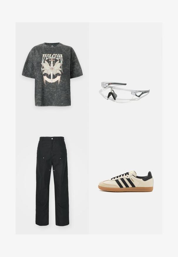 Volcom VOLTRIP TEE - T-shirt con stampa - vintage black; Pantaloni neri con design a gamba dritta, realizzati in un tessuto texturizzato. Presentano dettagli decorativi in argento e una cucitura unica.; Scarpa sportiva beige con strisce nere, suola in gomma naturale e dettagli neri. Presenta una tomaia in pelle liscia e un design a punta arrotondata.; Occhiali di sicurezza trasparenti con una montatura leggera e trasparente e accenti grigi. Presentano un design avvolgente e un supporto per il naso regolabile.