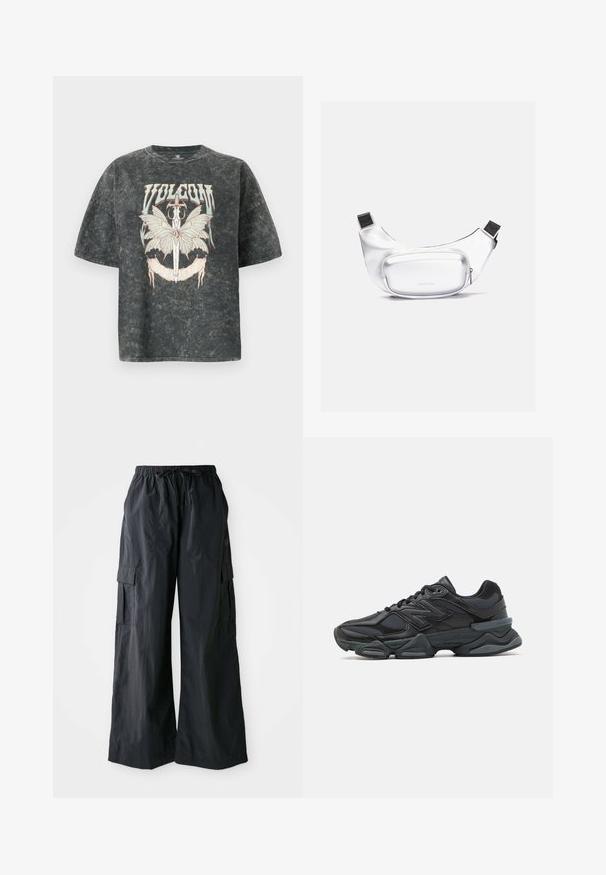 Volcom VOLTRIP TEE - T-shirts print - vintage black; Sorte cargo-bukser lavet af letvægtigt stof, med vidde i benene, elastisk talje og flere sidelommer. Enkle og funktionelle.; Sorte løbesko med en blanding af mesh og syntetiske materialer, kraftig sål, buet design og fremtrædende branding på siden.; Hvid bæltetaske lavet af glat, holdbart materiale. Har en fremtrædende, rund frontlomme med lynlås og justerbar sort rem.