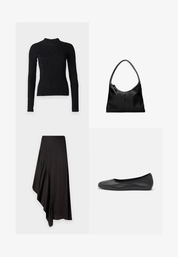 Schwarzes Langarmoberteil mit einer figurbetonten Passform, strukturiertem Stoff und hochgeschnittenem Kragen. Verfügt über einen verdeckten Reißverschluss im Rücken zur Befestigung.; AERON ASTER SKIRT - Bleistiftrock - black; Schwarze Leder-Ballettschuhe mit abgerundeter Spitze, glatter Textur, minimalen Nähdetails und einem flexiblen Sohlen-Design.; Schwarze Leder-Umhängetasche mit glatter Textur, geschwungenem oberen Rand und einem einzigen Tragegurt. Sie verfügt über einen Reißverschluss und ein minimalistisches Design.