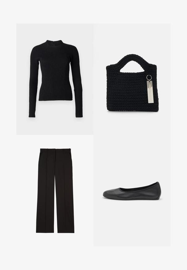 Juodas ilgomis rankovėmis viršus su prigludusia forma, tekstūruotu audiniu ir aukštu apykakle. Yra paslėptas užtrauktukas nugaroje.; Juodos pritaikytos kelnės, pagamintos iš lygaus audinio, su tiesiomis kojomis ir dviem šoniniais kišenėmis. Elegantiška ir minimalistinė konstrukcija.; Juodai odiniai baletai su apvaliu pirštu, lygi texture, minimalus siuvimo detales ir lanksčiu padų dizainu.; Won Hundred MARSIELLE COMPUTER BAG UNISEX - Nešiojamojo kompiuterio krepšys - black