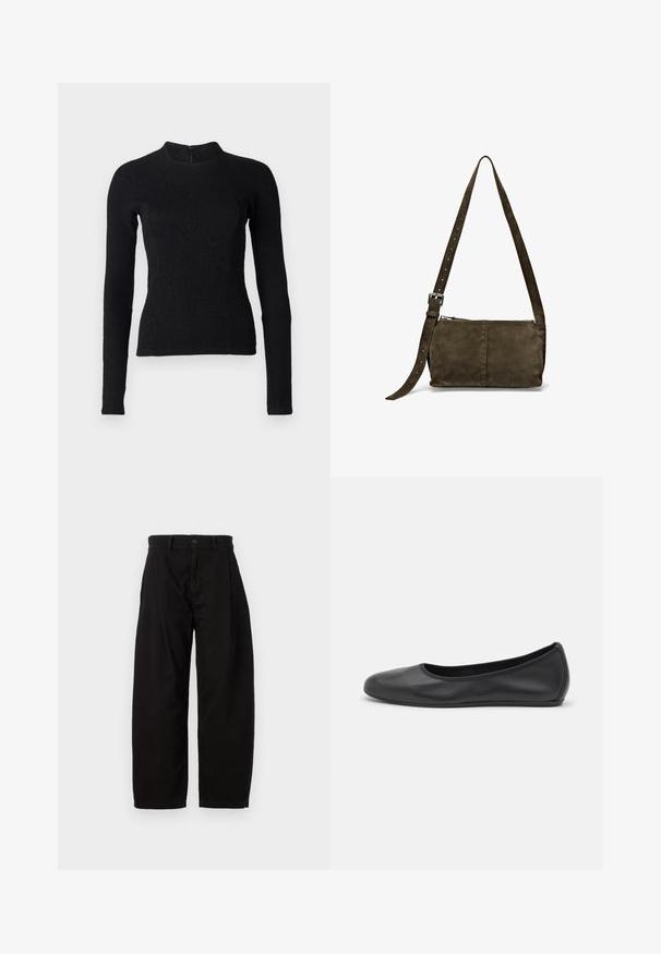 Top nero a maniche lunghe con un design aderente, tessuto testurizzato e scollatura alta. Presenta una zip nascosta sul retro per la chiusura.; Pantaloni neri a gamba larga realizzati in cotone, con chiusura a pulsante e cerniera, dotati di pieghe frontali e tasche laterali.; Pantofole da balletto nere in pelle con punta arrotondata, texture liscia, dettagli di cucitura minimi e design con suola flessibile.; Borsa a tracolla in suede verde scuro con zip nella parte superiore, forma piatta, tracolla regolabile con perforazioni e texture liscia opaca.