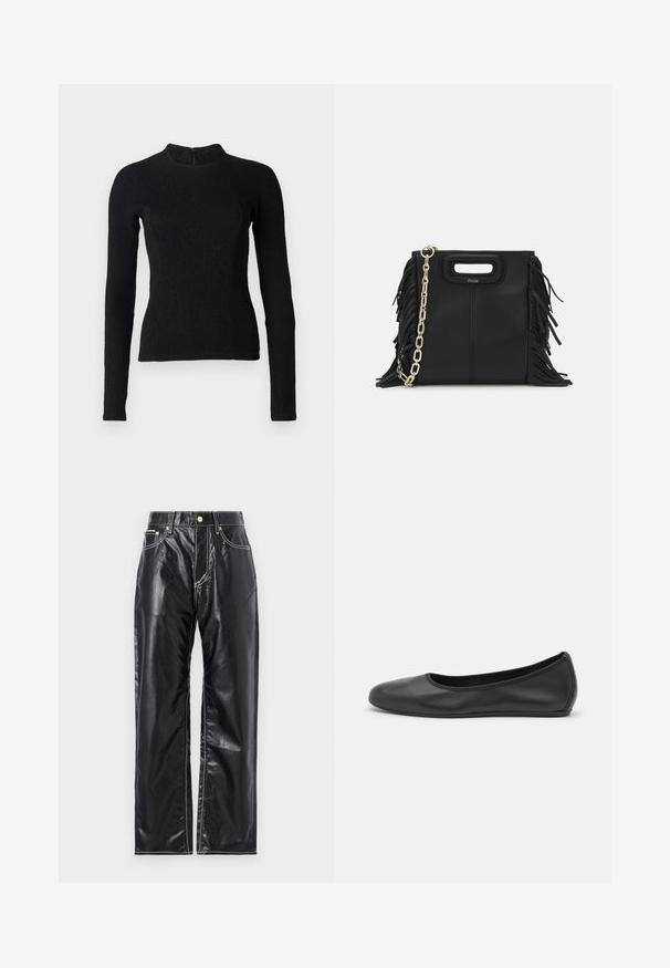 Top nero a maniche lunghe con un design aderente, tessuto testurizzato e scollatura alta. Presenta una zip nascosta sul retro per la chiusura.; Pantaloni neri in finta pelle con taglio wide-leg, dotati di cuciture bianche, tasche anteriori e un bottone dorato in vita.; Pantofole da balletto nere in pelle con punta arrotondata, texture liscia, dettagli di cucitura minimi e design con suola flessibile.; Borsa a tracolla in pelle nera con dettagli a frangia, catena dorata e manico ritagliato. Presenta il logo sulla parte anteriore.