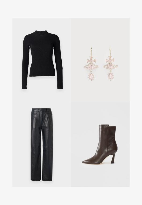 Melnā garā piedurkņu blūze ar pieguļošu dizainu, teksturētu audumu un augstu kakla izgriezumu. Iekļautas slēptas aizmugurējās rāvējslēdzējs aizdarei.; Melnas ādas bikses ar taisnu piegriezumu, ar gludu tekstūru un klasisku piecu kabatu dizainu. Nav redzamu aparatūras vai akcentu.; Tumši brūns ādas pusgarais zābaks ar norādītu pirkstu, izliekta plāna papēža un gludu apdari uz balta fona.; Rozā dārgakmeņu auskari ar loku dizainu, ar slāņotu struktūru un mirdzošiem akcentiem; metāla stiprinājumi saglabā pulētu apdari.