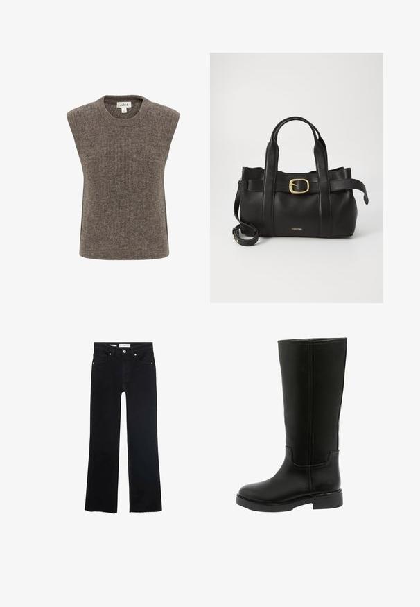 Mouwloze pullover, gemaakt van zacht bruin breimateriaal. Heeft een ronde halslijn, een ontspannen pasvorm en een subtiele textuur door het hele stuk.; Zwarte denim flared jeans met een middelhoge taille, voorzakken en onafgebroken zoomdetails, met metallic hardware accenten.; Kniehoge zwarte leren laars met een ronde neus, een gladde textuur, subtiele stiksels en een platte rubberen zool.; Zwarte leren handtas met een gestructureerd ontwerp, dubbele handgrepen aan de bovenkant, een gouden gespaccent en een geperst merklogo aan de voorkant.